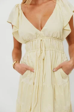 Fashion Worth Collective Destiny Embroidered Ruffle Sleeve Tiered Midi Dress in Yellow