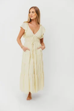Fashion Worth Collective Destiny Embroidered Ruffle Sleeve Tiered Midi Dress in Yellow