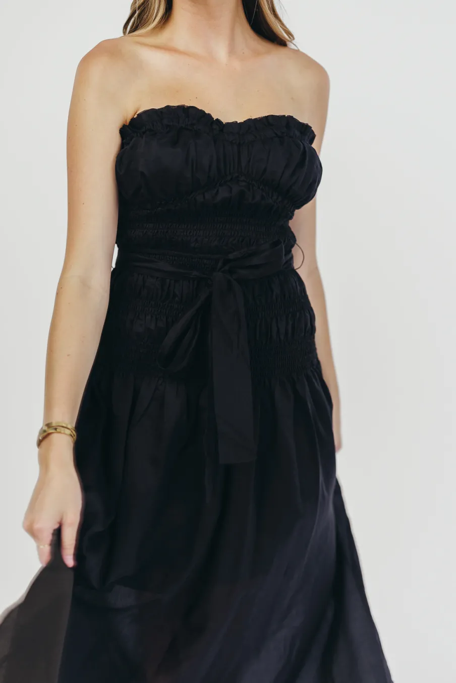 Hot Worth Collective Devin Strapless Midi Dress with Sash in Black