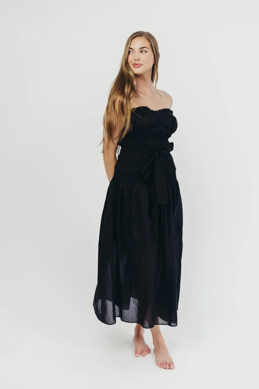 Hot Worth Collective Devin Strapless Midi Dress with Sash in Black