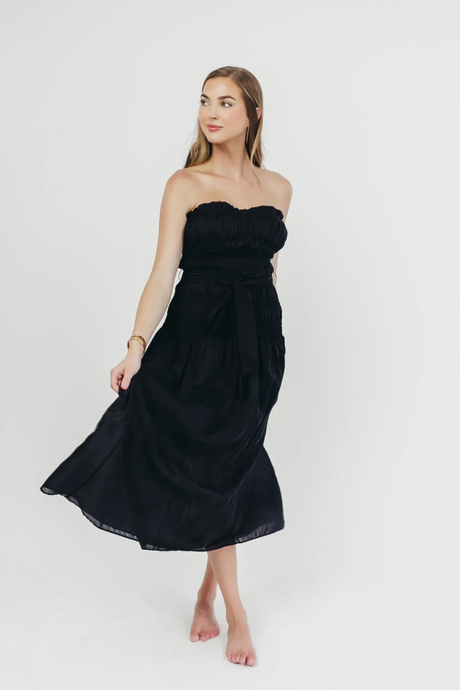 Hot Worth Collective Devin Strapless Midi Dress with Sash in Black