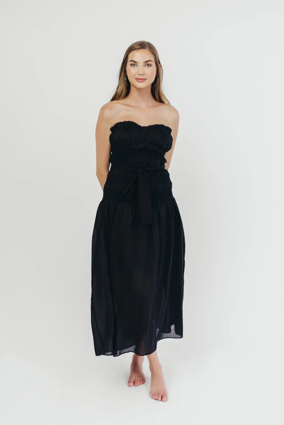 Hot Worth Collective Devin Strapless Midi Dress with Sash in Black