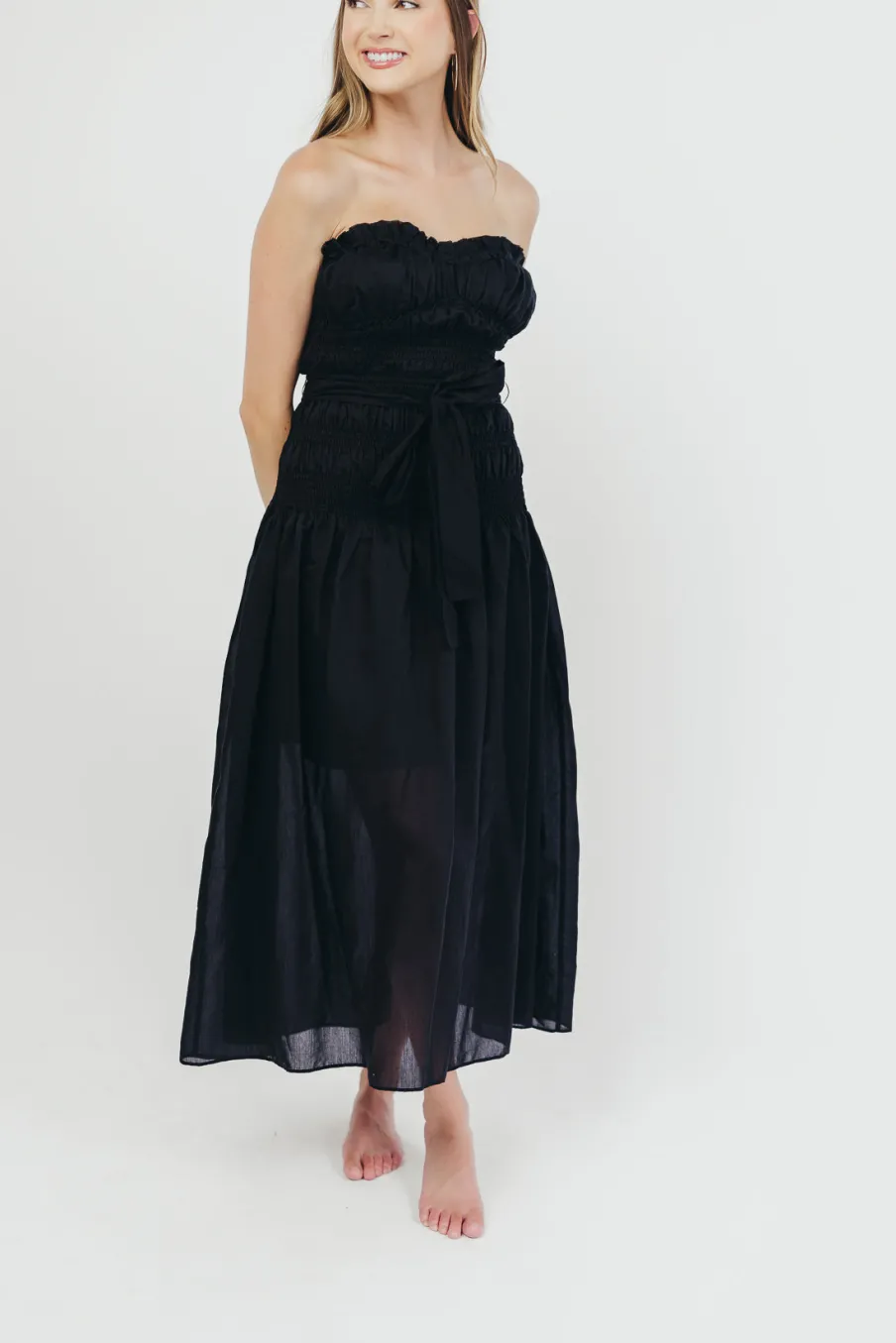 Hot Worth Collective Devin Strapless Midi Dress with Sash in Black