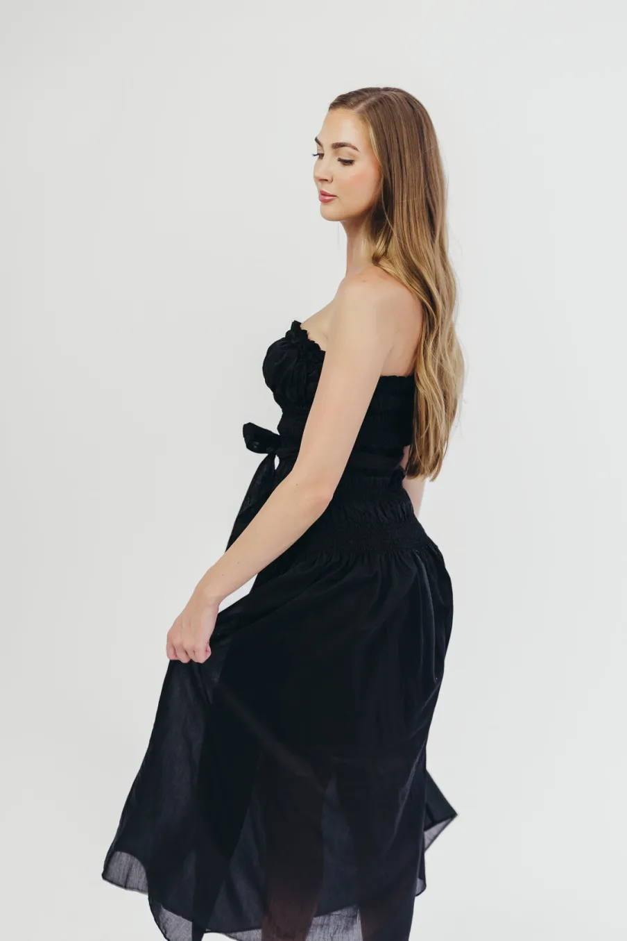 Hot Worth Collective Devin Strapless Midi Dress with Sash in Black