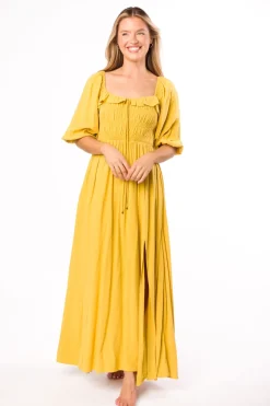 Best Worth Collective Devon Smocked Maxi Dress in Mustard - Bump Friendly