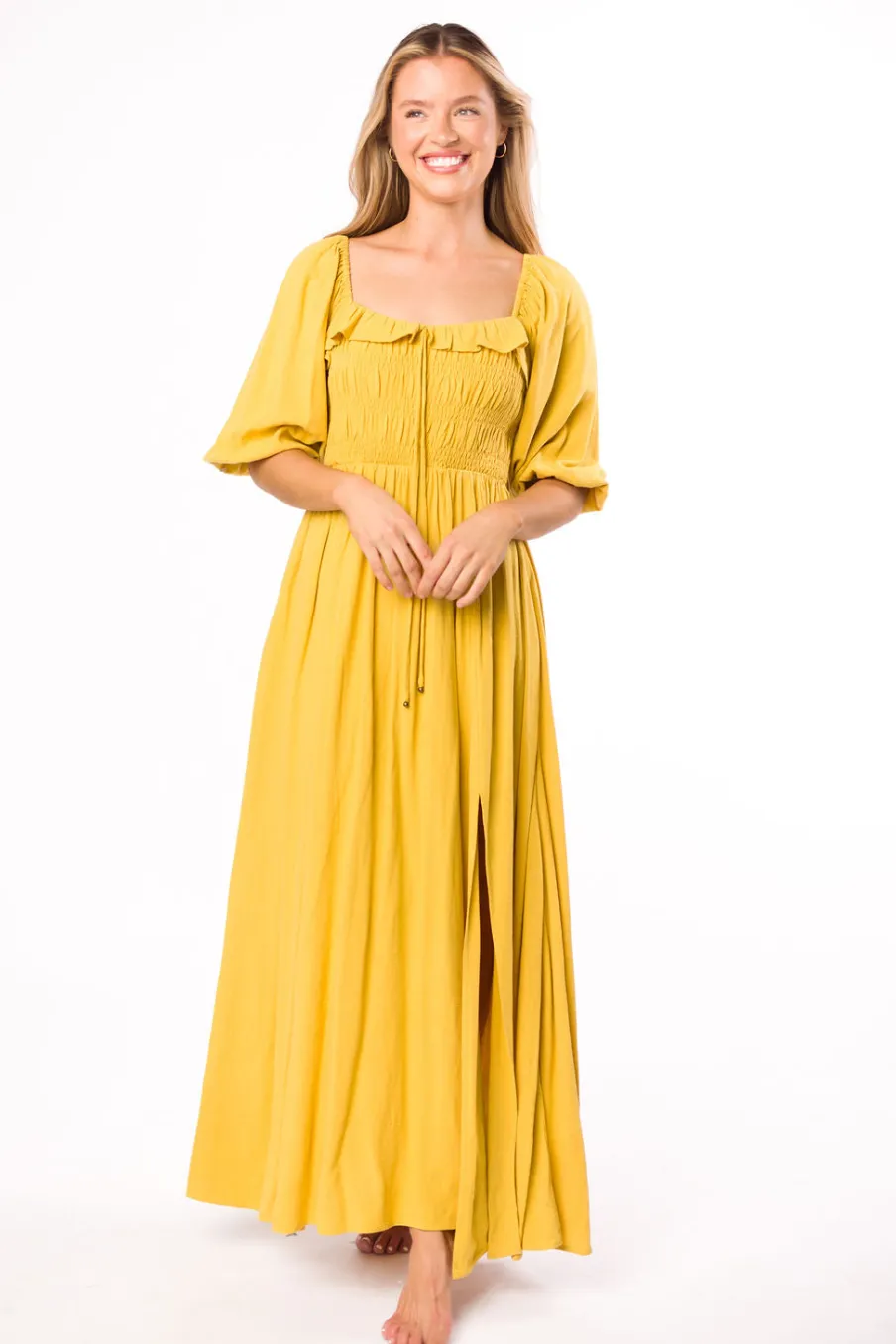 Best Worth Collective Devon Smocked Maxi Dress in Mustard - Bump Friendly