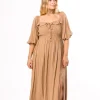 New Worth Collective Devon Smocked Maxi Dress in Taupe - Bump Friendly