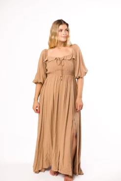 New Worth Collective Devon Smocked Maxi Dress in Taupe - Bump Friendly