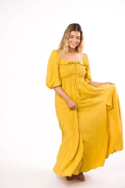 Best Worth Collective Devon Smocked Maxi Dress in Mustard - Bump Friendly