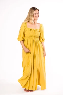 Best Worth Collective Devon Smocked Maxi Dress in Mustard - Bump Friendly