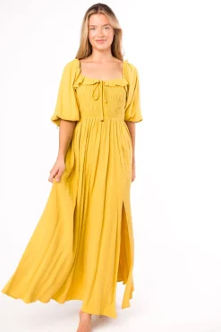 Best Worth Collective Devon Smocked Maxi Dress in Mustard - Bump Friendly