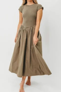 Discount Worth Collective Dolores Rib and Woven Skirt Combo Dress in Olive
