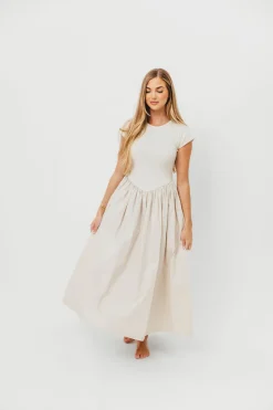 Clearance Worth Collective Dolores Rib and Woven Skirt Combo Dress in Cream