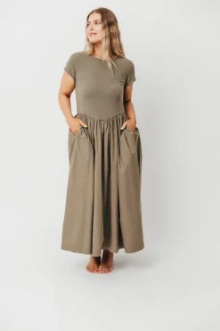 Discount Worth Collective Dolores Rib and Woven Skirt Combo Dress in Olive