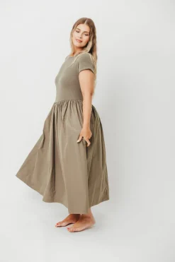 Discount Worth Collective Dolores Rib and Woven Skirt Combo Dress in Olive