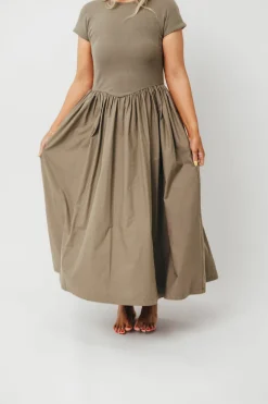 Discount Worth Collective Dolores Rib and Woven Skirt Combo Dress in Olive