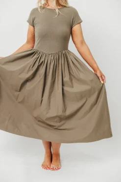 Discount Worth Collective Dolores Rib and Woven Skirt Combo Dress in Olive