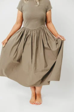 Discount Worth Collective Dolores Rib and Woven Skirt Combo Dress in Olive