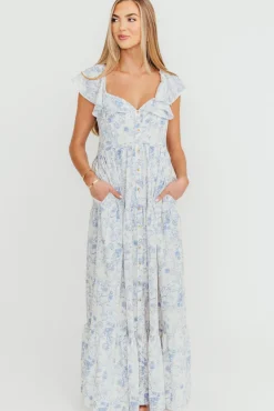 Outlet Worth Collective Dorothy Floral Button-up Maxi Dress in Blue/White - Nursing Friendly