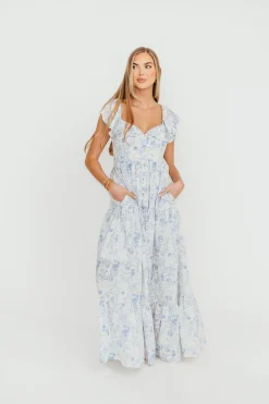Outlet Worth Collective Dorothy Floral Button-up Maxi Dress in Blue/White - Nursing Friendly