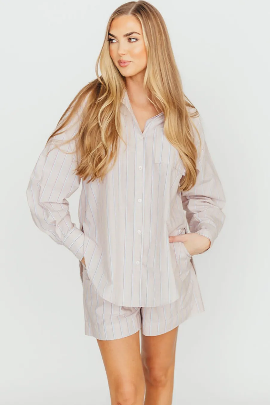 Hot Worth Collective Dove Stripe Shirt in Almond/Scarlet