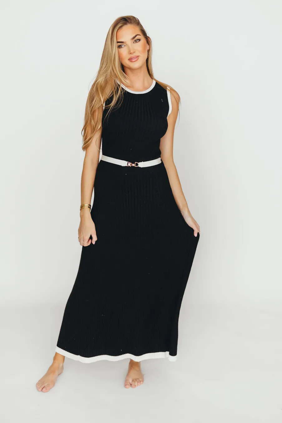 Sale Worth Collective Drew Sleeveless Ribbed Knit Midi Dress in Black/White