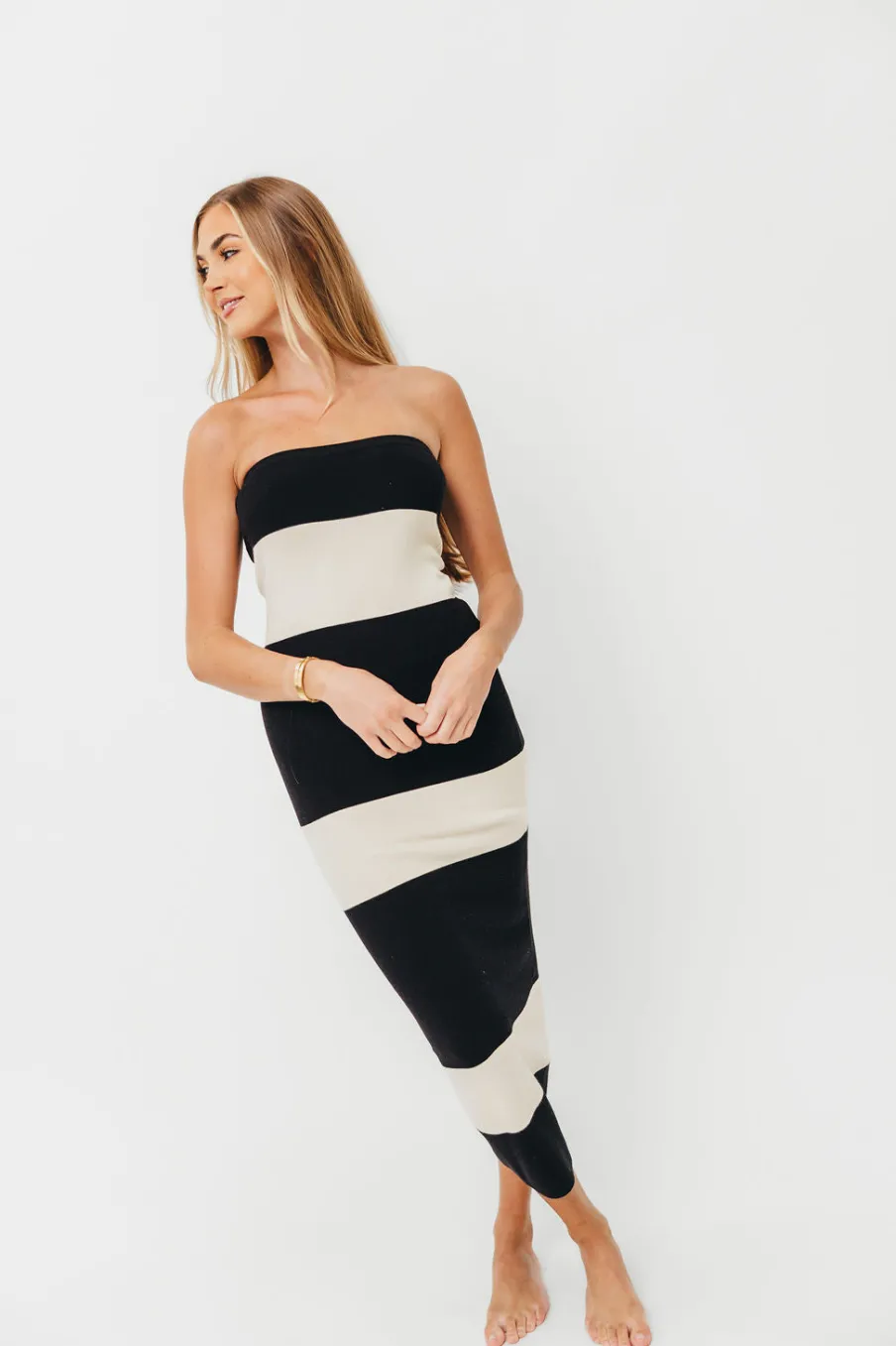 Online Worth Collective Eboni Knit Strapless Maxi Bodycon Tubetop Dress in Stripe