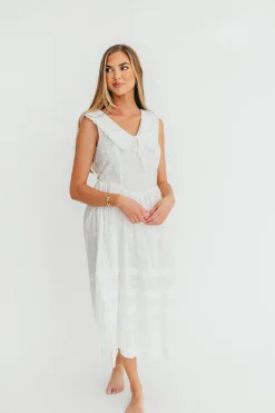 Discount Worth Collective Elaine 100% Cotton Embroidered Midi Dress in White Floral