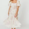 New Worth Collective Elena 100% Cotton Toile Print Smocked Midi Dress in Pink - Bump Friend