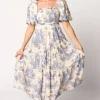 Online Worth Collective Elena 100% Cotton Toile Print Smocked Midi Dress in Blue - Bump Friend