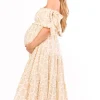 Hot Worth Collective Elena 100% Cotton Toile Print Smocked Midi Dress in Light Brown- Bump