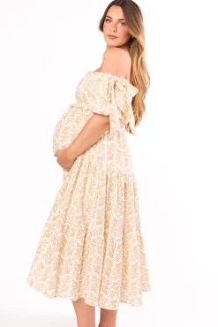 Hot Worth Collective Elena 100% Cotton Toile Print Smocked Midi Dress in Light Brown- Bump