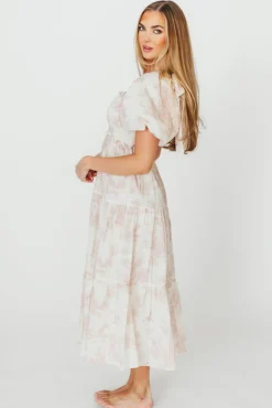 New Worth Collective Elena 100% Cotton Toile Print Smocked Midi Dress in Pink - Bump Friend