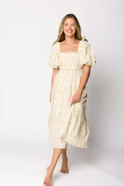 Hot Worth Collective Elena 100% Cotton Toile Print Smocked Midi Dress in Light Brown- Bump