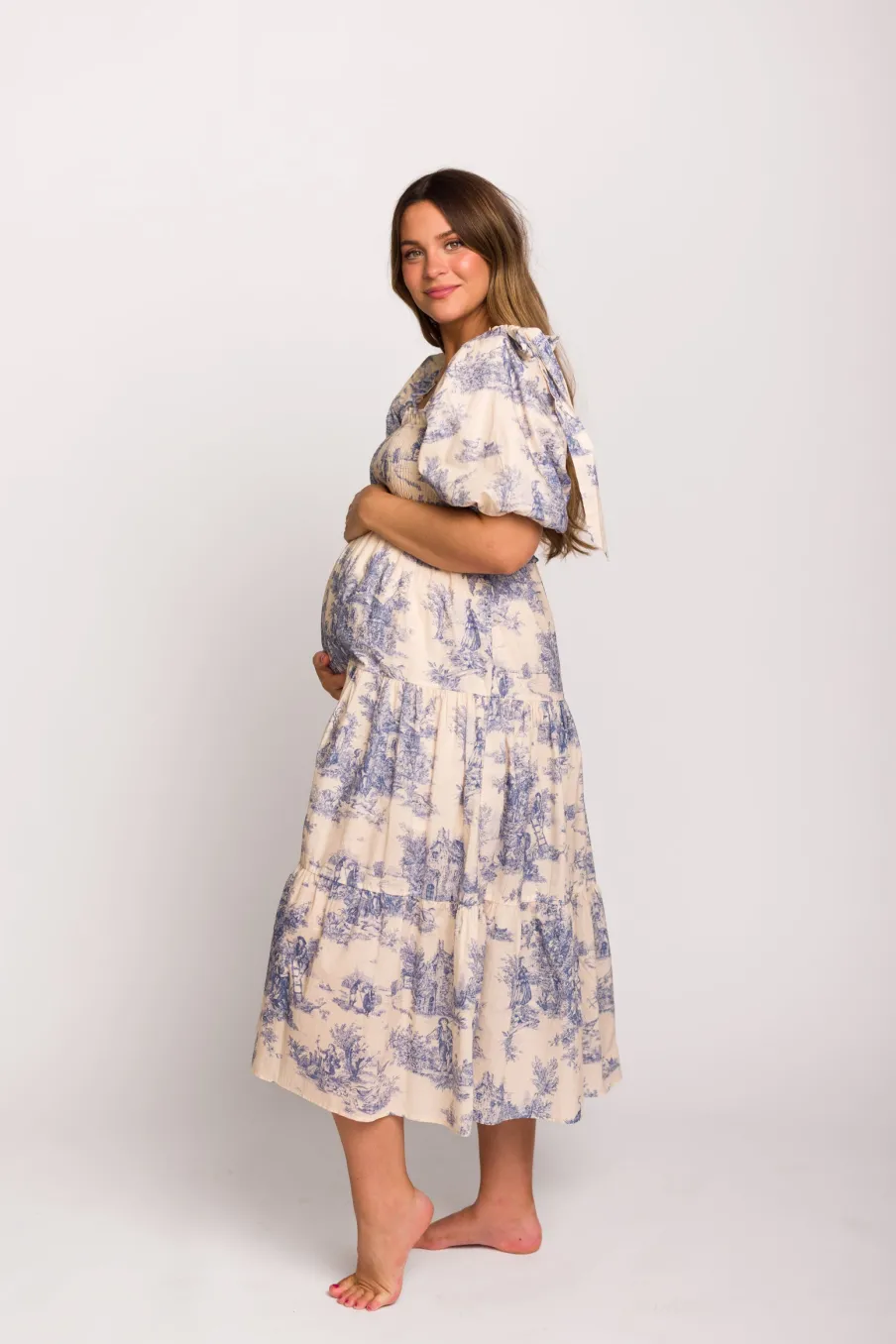 Online Worth Collective Elena 100% Cotton Toile Print Smocked Midi Dress in Blue - Bump Friend