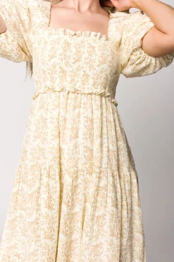 Hot Worth Collective Elena 100% Cotton Toile Print Smocked Midi Dress in Light Brown- Bump