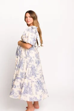 Online Worth Collective Elena 100% Cotton Toile Print Smocked Midi Dress in Blue - Bump Friend