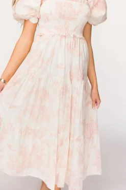 New Worth Collective Elena 100% Cotton Toile Print Smocked Midi Dress in Pink - Bump Friend