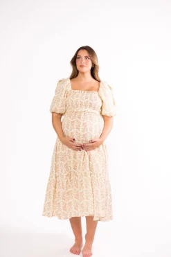 Hot Worth Collective Elena 100% Cotton Toile Print Smocked Midi Dress in Light Brown- Bump