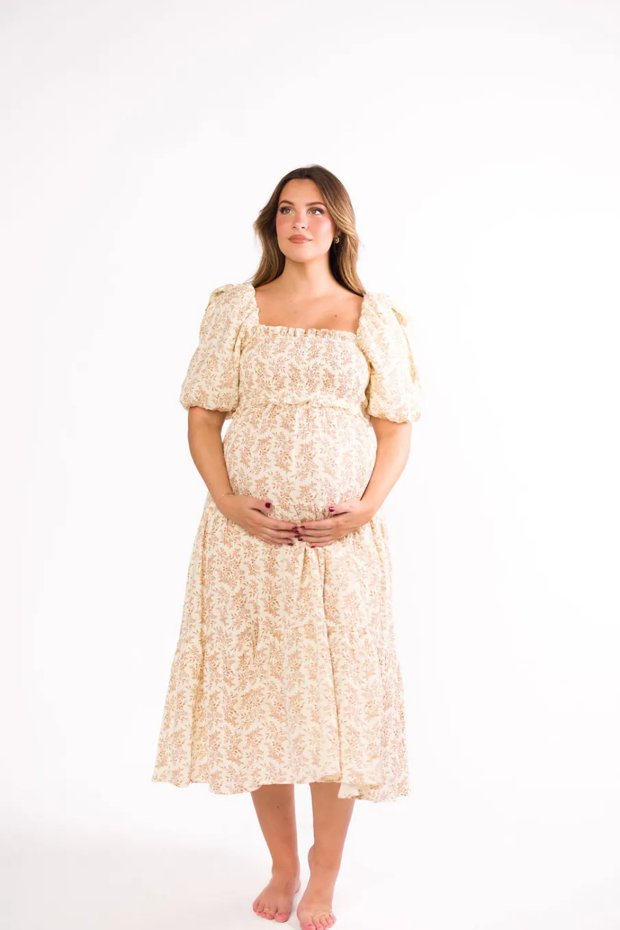 Hot Worth Collective Elena 100% Cotton Toile Print Smocked Midi Dress in Light Brown- Bump