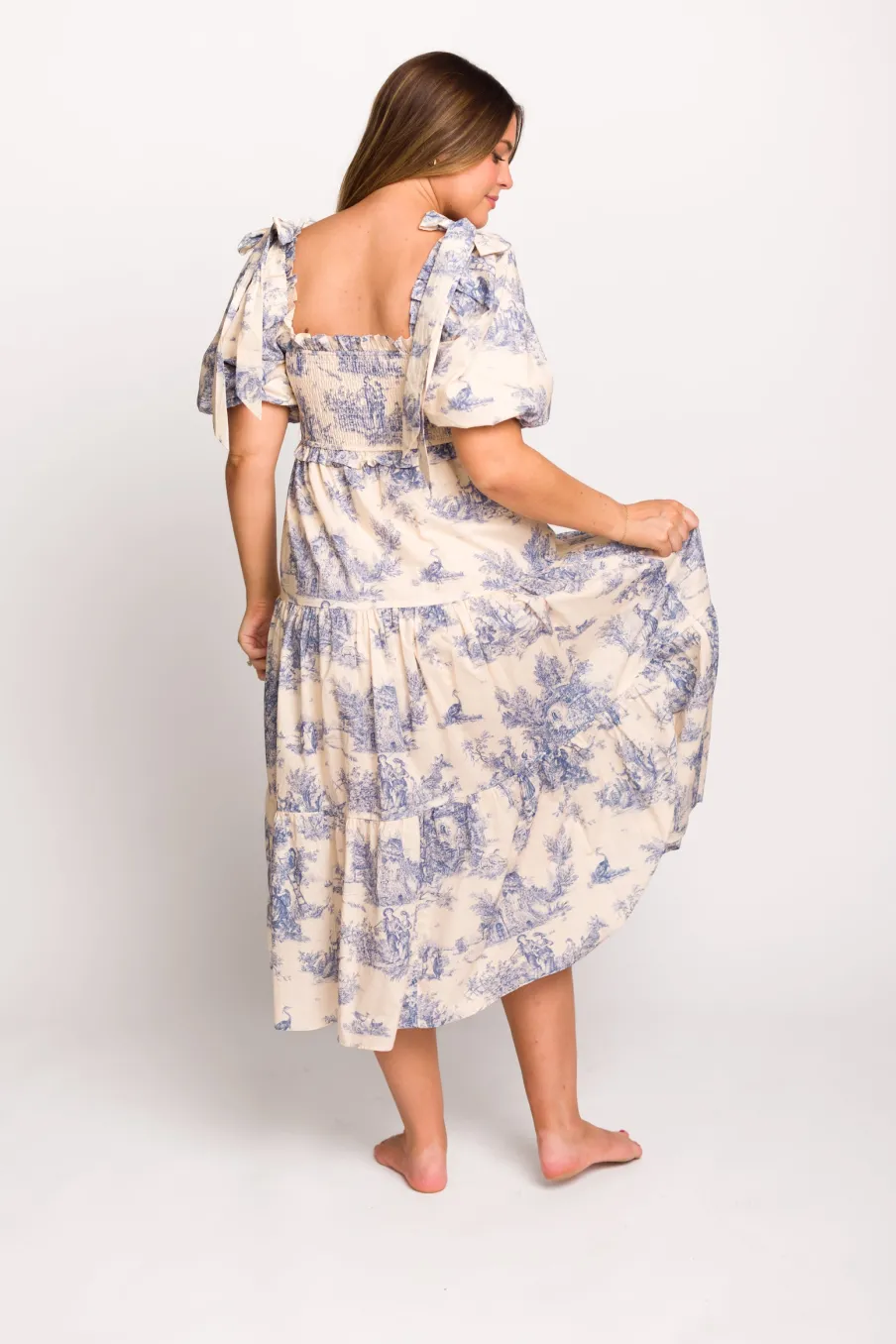 Online Worth Collective Elena 100% Cotton Toile Print Smocked Midi Dress in Blue - Bump Friend