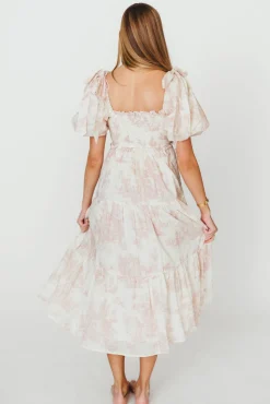 New Worth Collective Elena 100% Cotton Toile Print Smocked Midi Dress in Pink - Bump Friend