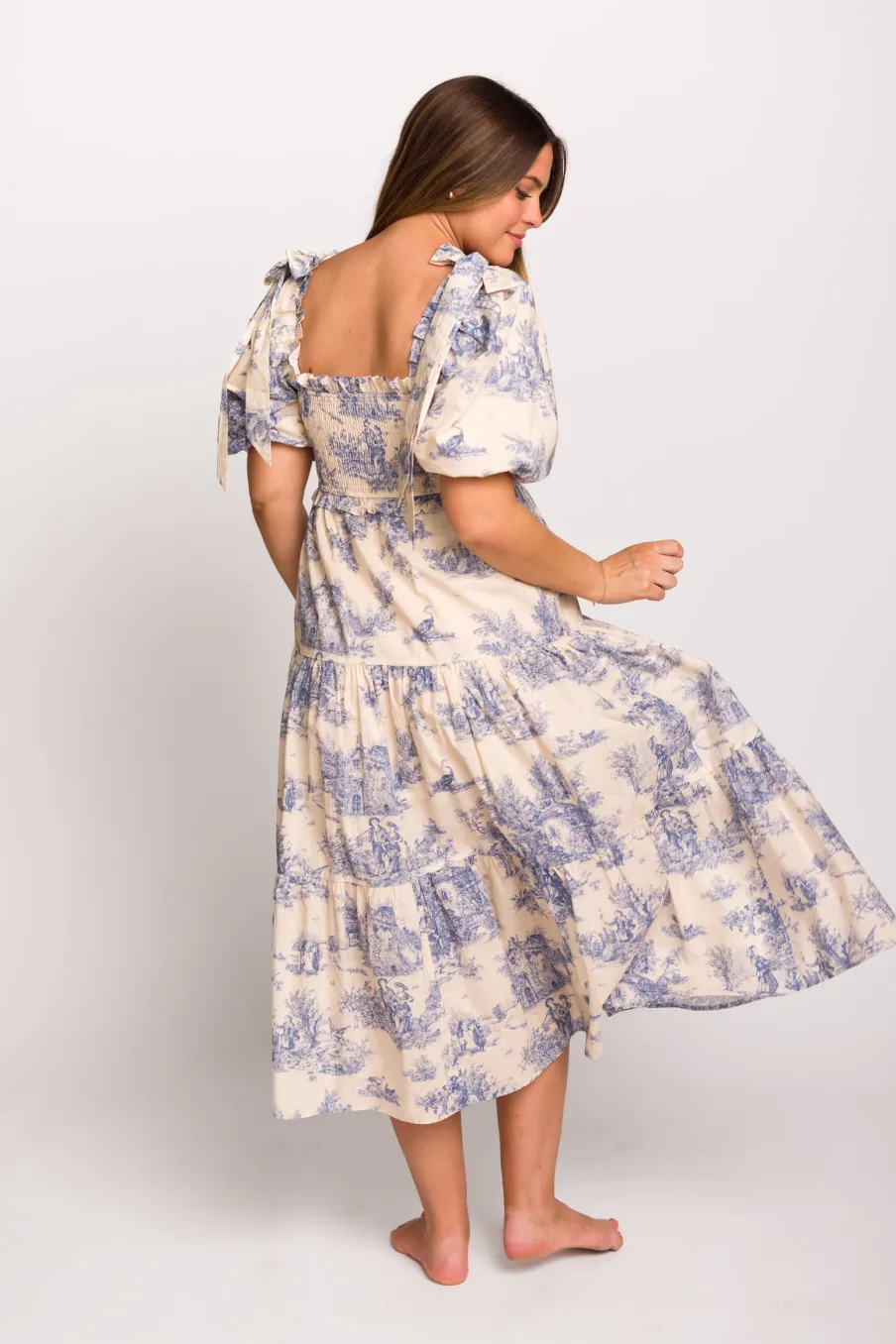 Online Worth Collective Elena 100% Cotton Toile Print Smocked Midi Dress in Blue - Bump Friend