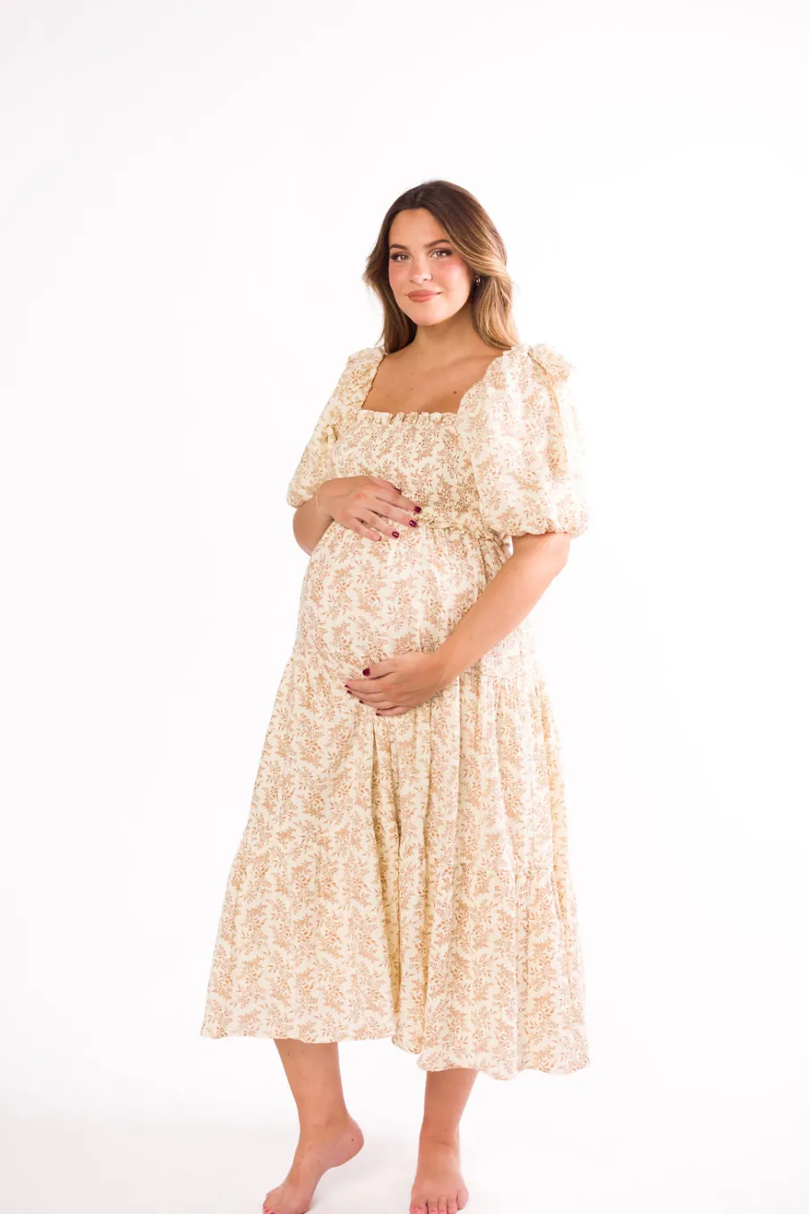 Hot Worth Collective Elena 100% Cotton Toile Print Smocked Midi Dress in Light Brown- Bump