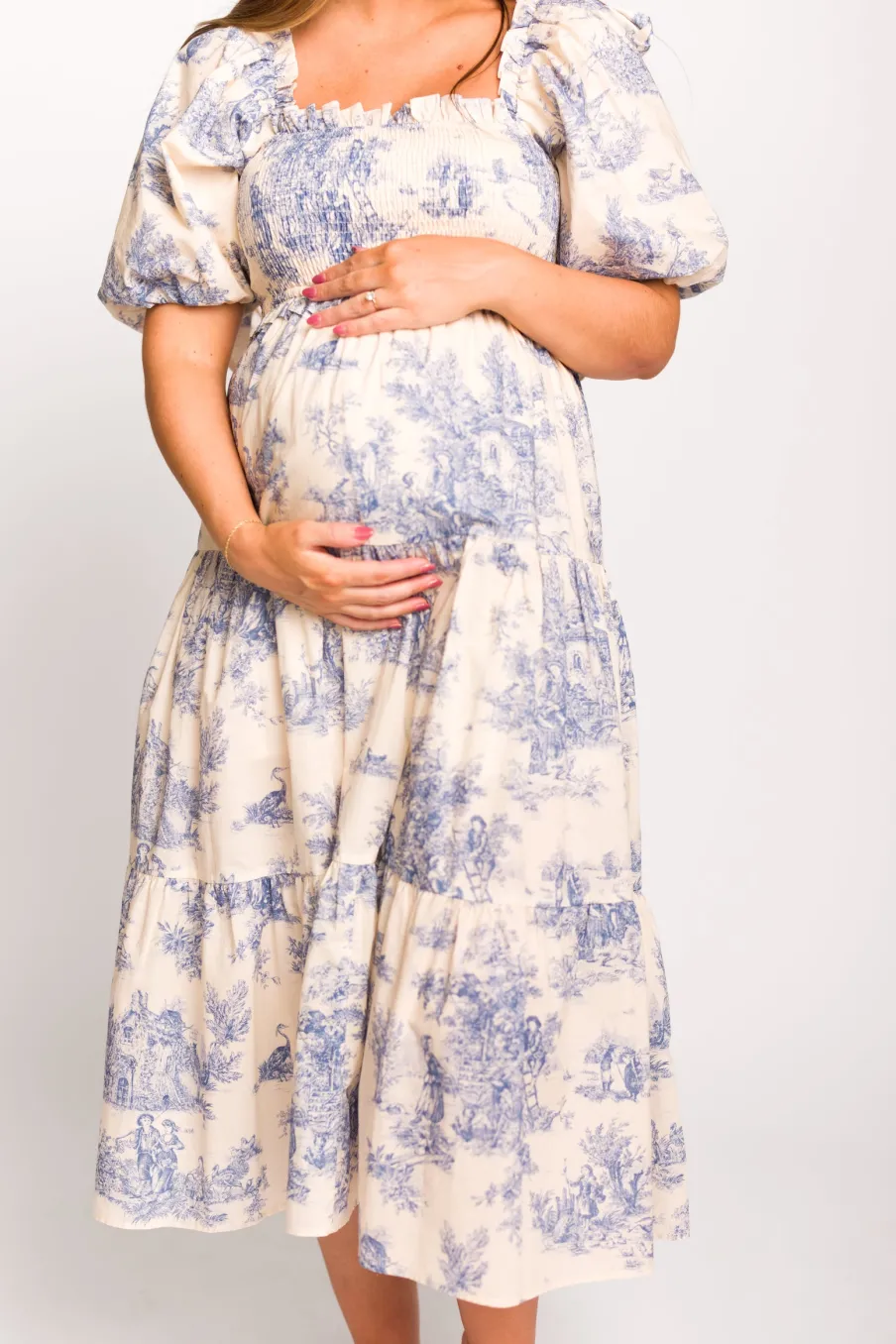 Online Worth Collective Elena 100% Cotton Toile Print Smocked Midi Dress in Blue - Bump Friend