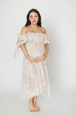 New Worth Collective Elena 100% Cotton Toile Print Smocked Midi Dress in Pink - Bump Friend