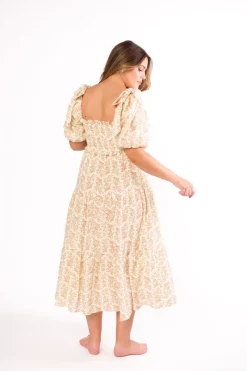 Hot Worth Collective Elena 100% Cotton Toile Print Smocked Midi Dress in Light Brown- Bump