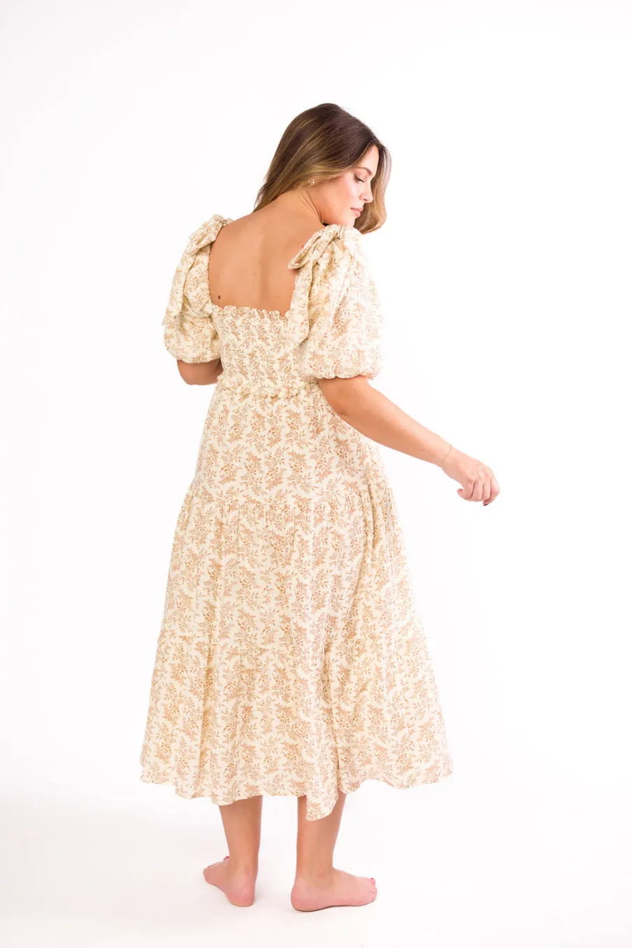 Hot Worth Collective Elena 100% Cotton Toile Print Smocked Midi Dress in Light Brown- Bump