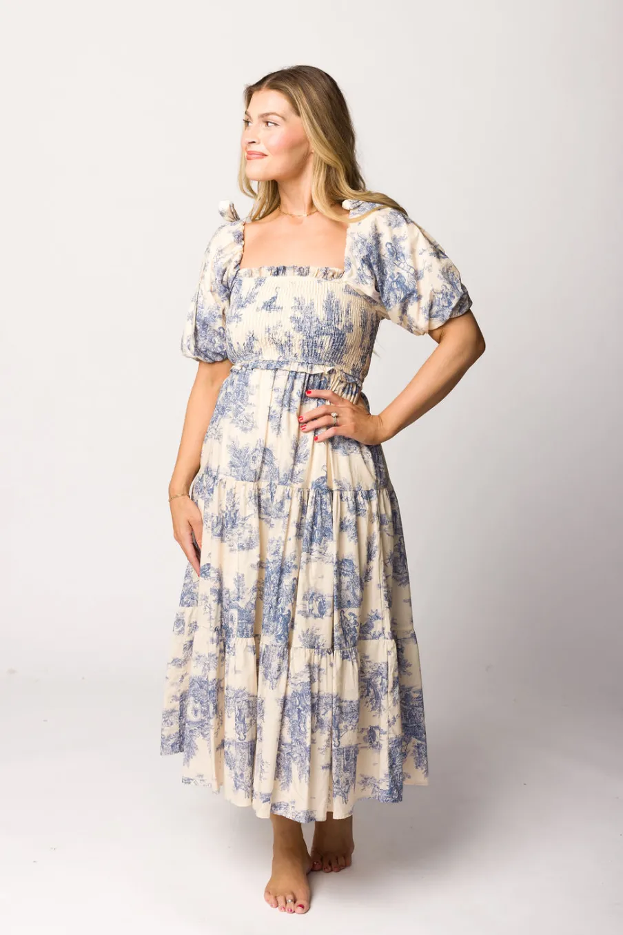 Online Worth Collective Elena 100% Cotton Toile Print Smocked Midi Dress in Blue - Bump Friend