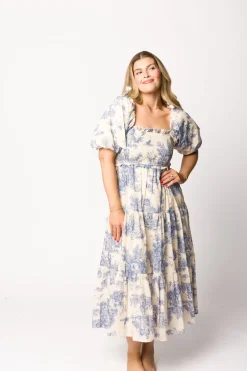 Online Worth Collective Elena 100% Cotton Toile Print Smocked Midi Dress in Blue - Bump Friend